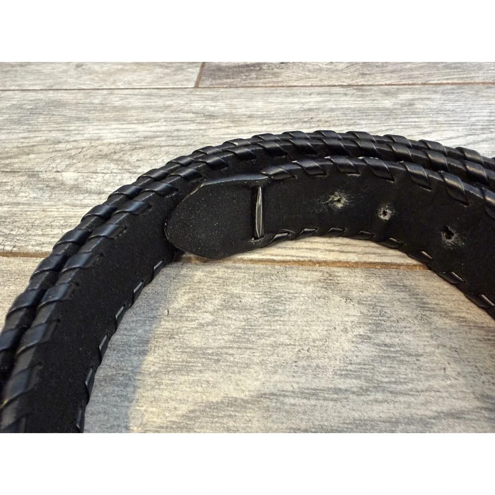Braided Edge Genuine Leather Belt Mens 44 Black Whipstitch Silver Buckle Western